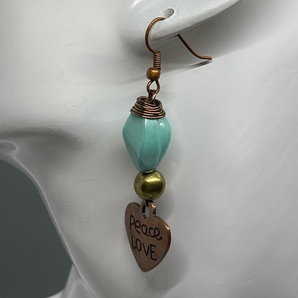 Turquoise boho  peace  & love heart brass charm drop earrings handmade - Picture 6 of 6